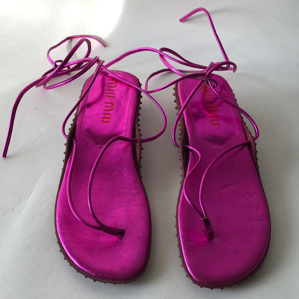 Miu Miu Hot Pink Leather Rubber Ankle Strap Sandal